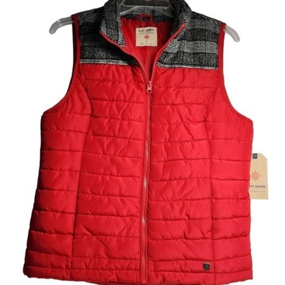 Ruff Hewn Womens Red Puffer Vest Small Plaid Yoke Quilted Full Zip RH7FC806M